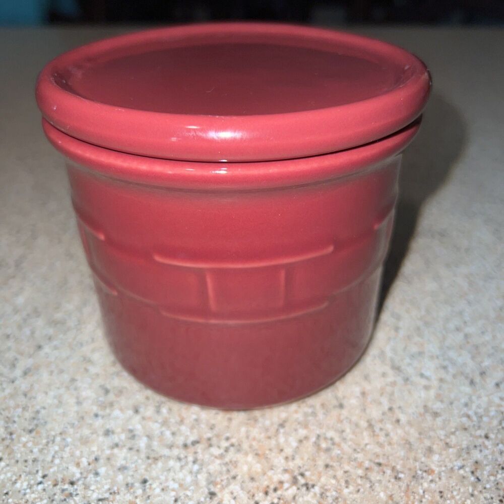 Longaberger Potter 1 PINT SALT CROCK WOVEN TRADITIONS PAPRIKA RED W/ Lid &Candle